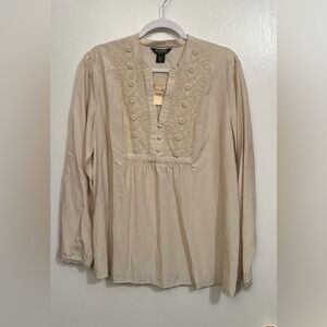 Eddie Bauer Womens XL Blouse Cream Tan Silk Cotton Embroidered Trim NWT